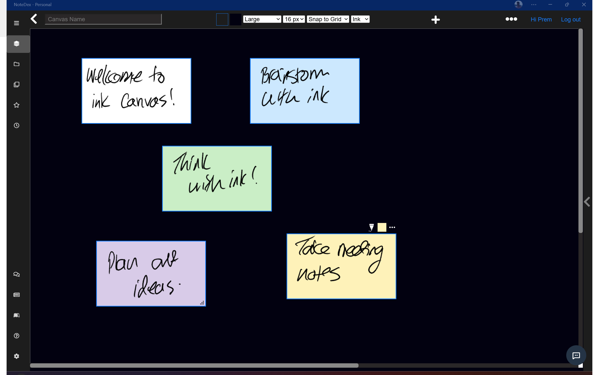 Think with Ink - use NoteDex Canvas to jot down ink notes and ideas